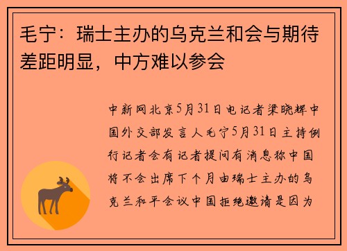 毛宁:瑞士主办的乌克兰和会与期待差距明显,中方难以参会
